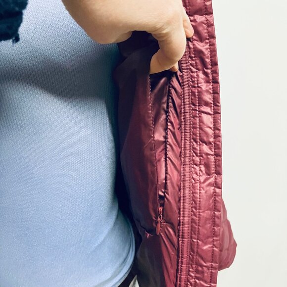 Lole Down Mid Length Quilted Coat Velvet Trim Puffer Burgundy NWOT - Picture 7 of 11